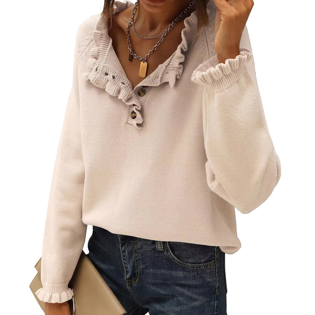 New Casual Long-Sleeve Button Ruffle Pullover Sweater for Women