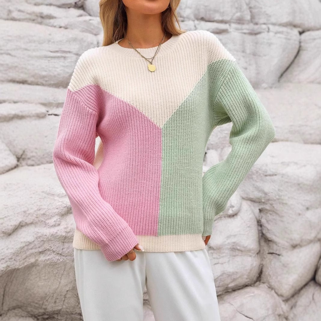 Loose Fit Color-Block Crewneck Long-Sleeve Knitted Top