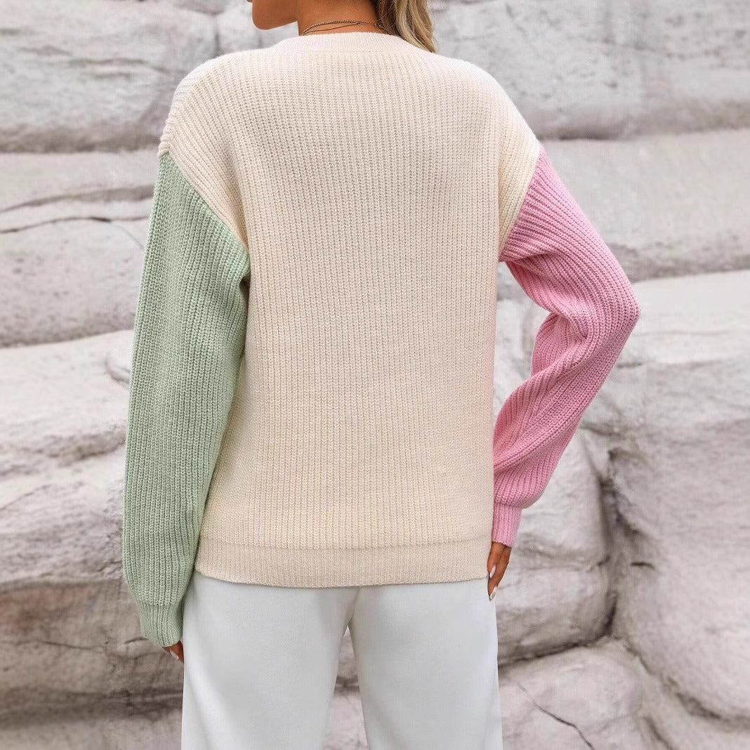 Loose Fit Color-Block Crewneck Long-Sleeve Knitted Top