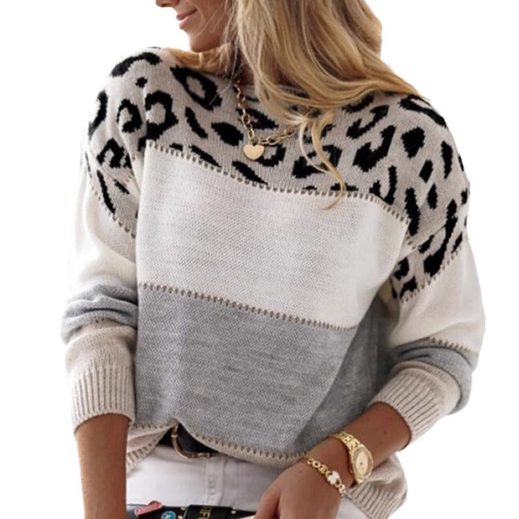 Color-Block Leopard Print Crewneck Casual Sweater