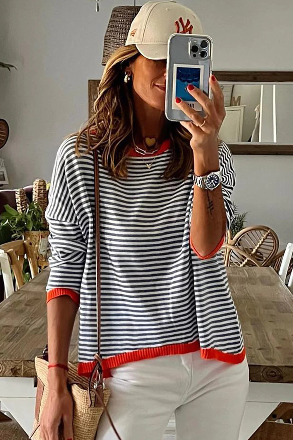 Orange Trim Black and White Stripe Long Sleeve Sweater