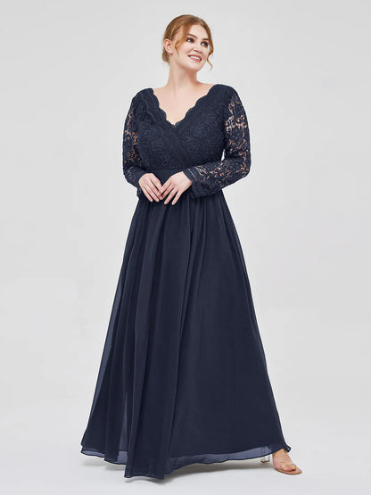 V Neck Lace And Chiffon Dress With Long Sleeves Dark Navy