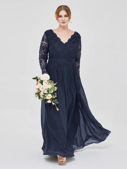 V Neck Lace And Chiffon Dress With Long Sleeves Dark Navy