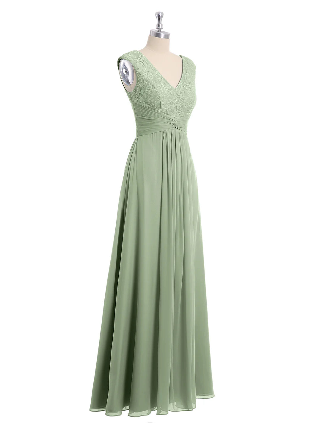 Cap Sleeves Chiffon And Lace Dress With V NECK Dusty Sage