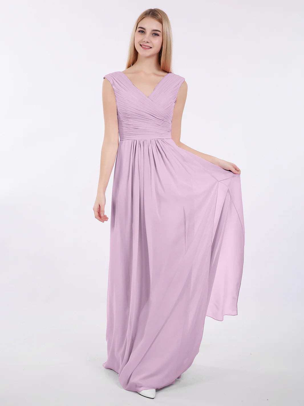 V Neck Chiffon Gown With Cap Sleeves Wisteria