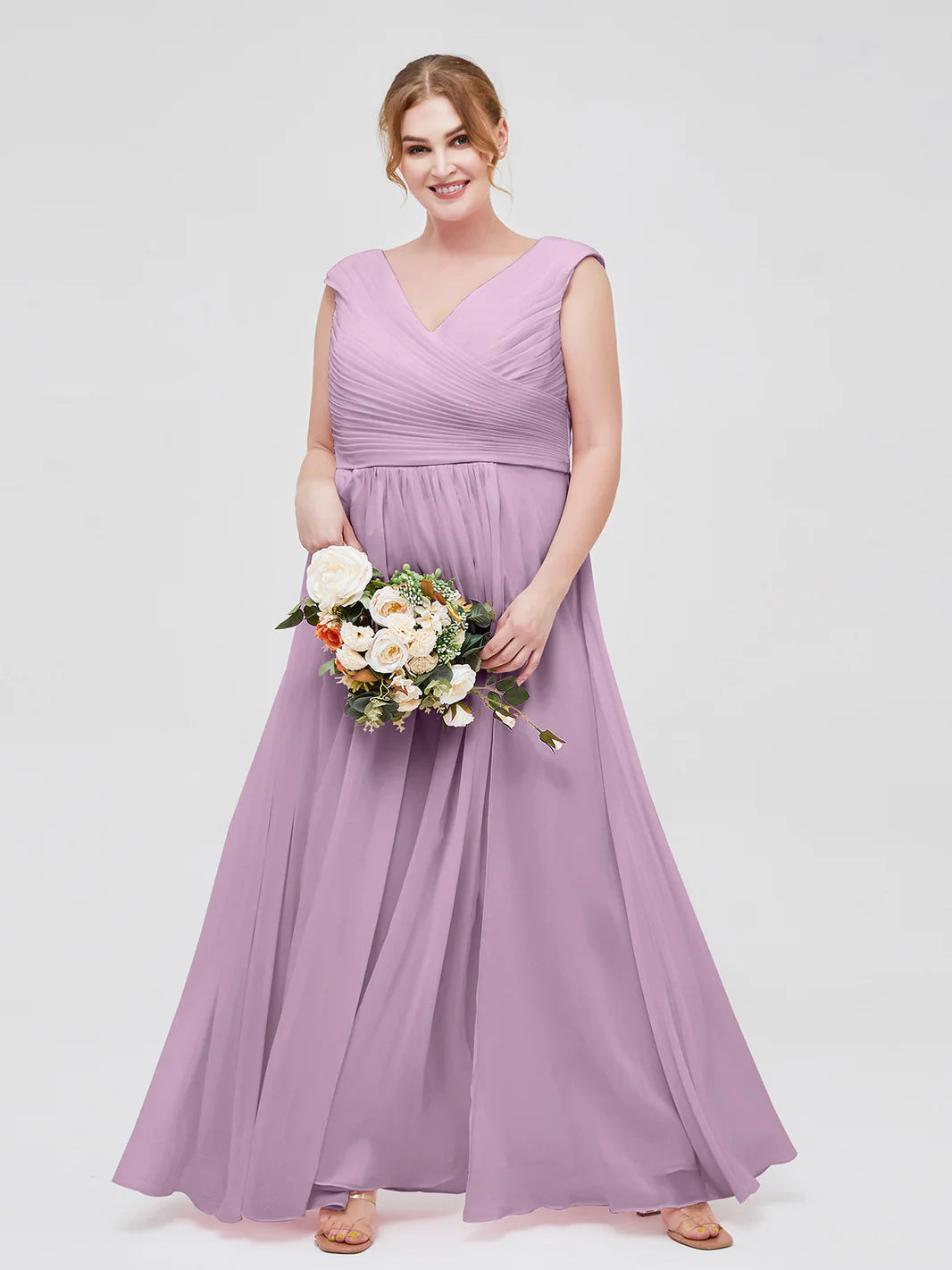 V Neck Chiffon Gown With Cap Sleeves Wisteria