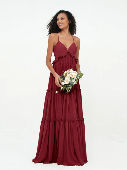 Empire Chiffon Tiered Skirt Max Bohemian Dresses-BURGUNDY