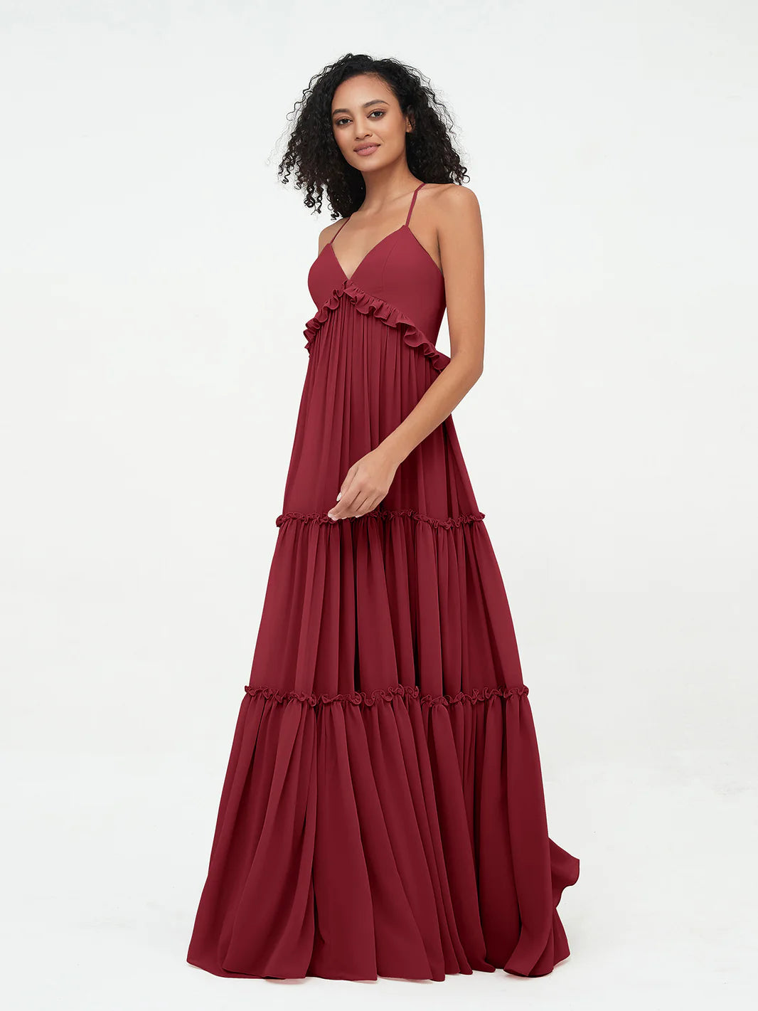 Empire Chiffon Tiered Skirt Max Bohemian Dresses-BURGUNDY