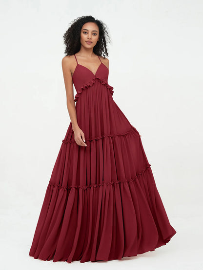 Empire Chiffon Tiered Skirt Max Bohemian Dresses-BURGUNDY