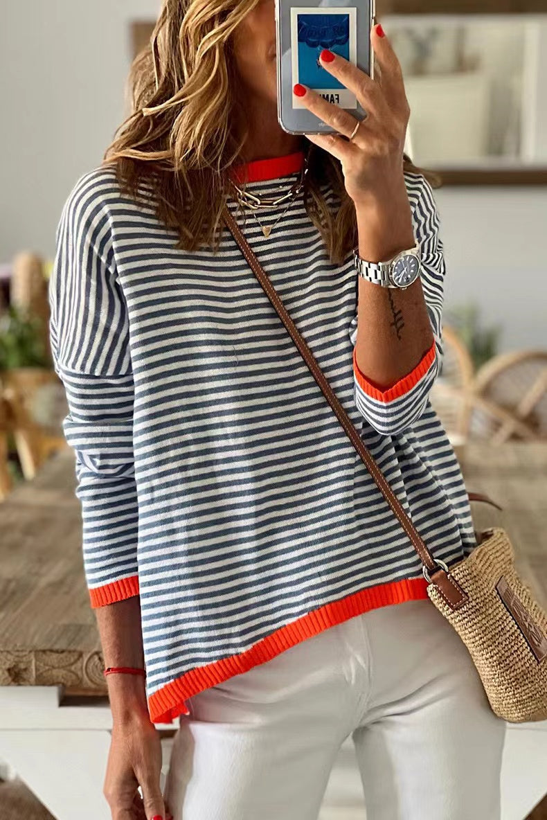 Orange Trim Black and White Stripe Long Sleeve Sweater