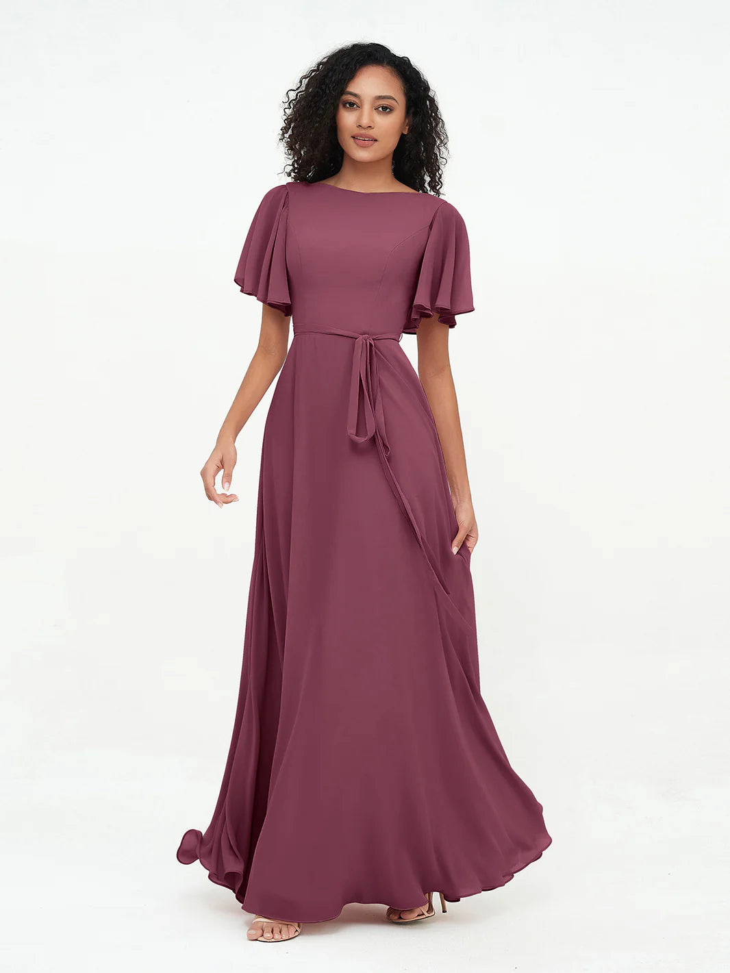 Flutter Sleeves Chiffon Max Dresses With Sash Bow-Mulberry