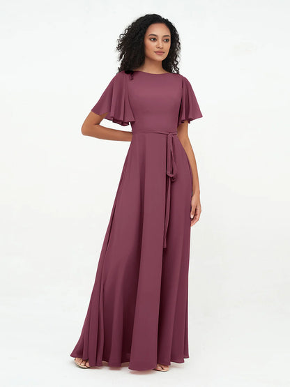 Flutter Sleeves Chiffon Max Dresses With Sash Bow-Mulberry