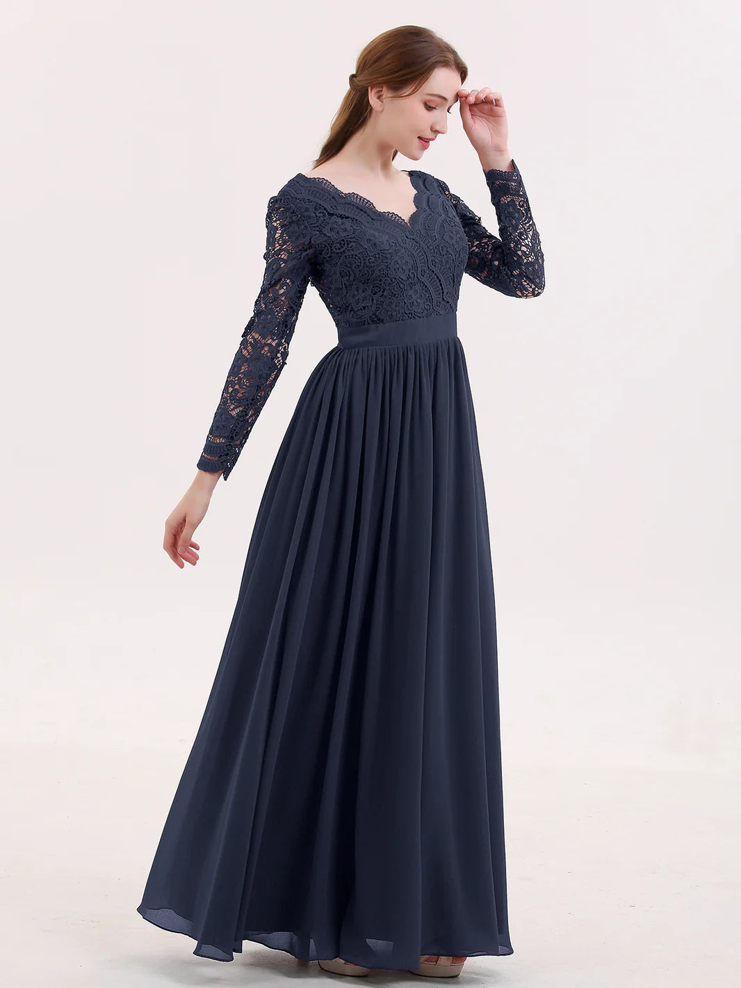 V Neck Lace And Chiffon Dress With Long Sleeves Dark Navy