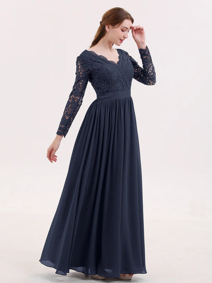 V Neck Lace And Chiffon Dress With Long Sleeves Dark Navy