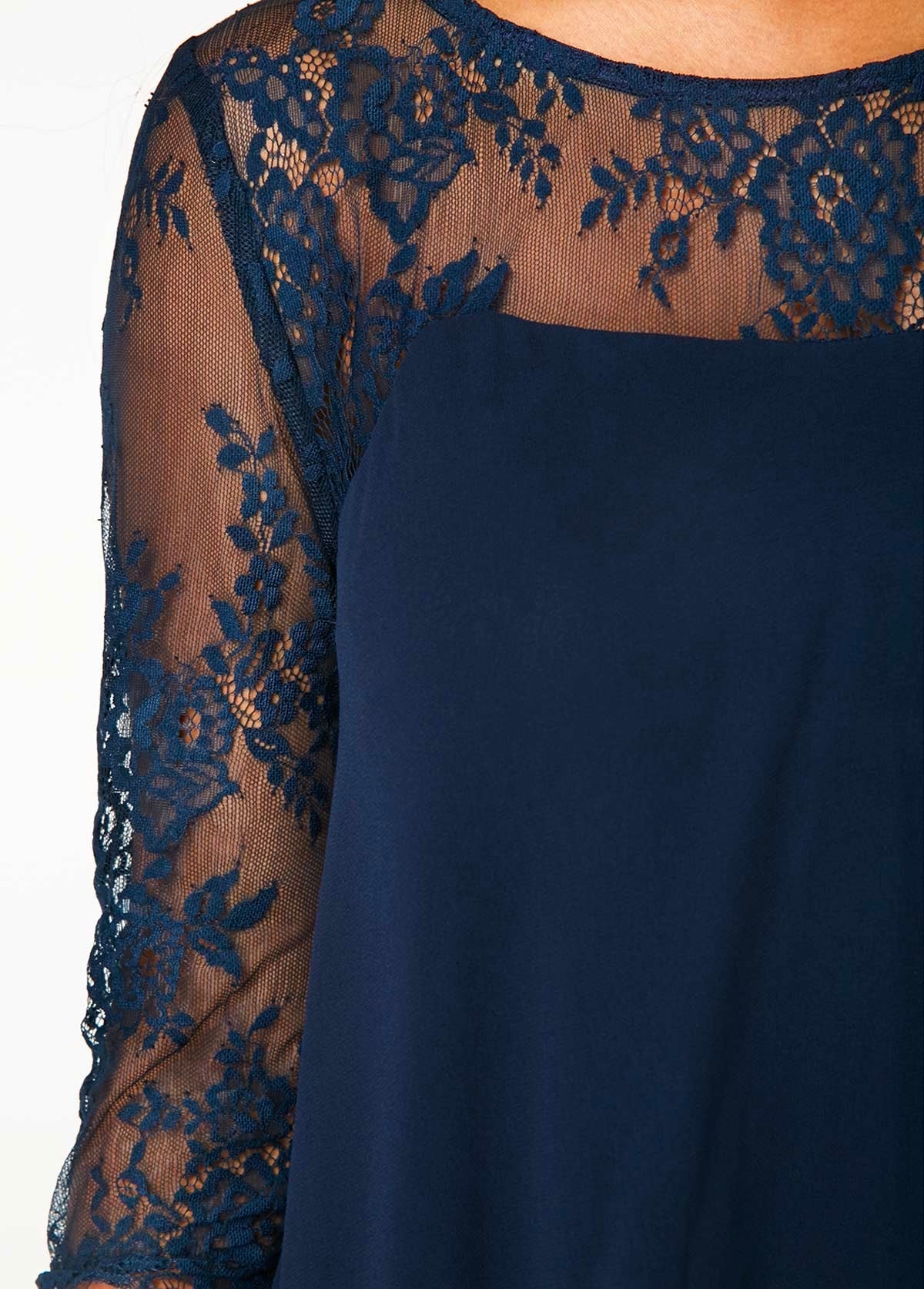 Three quarter sleeve chiffon shop overlay navy lace dress