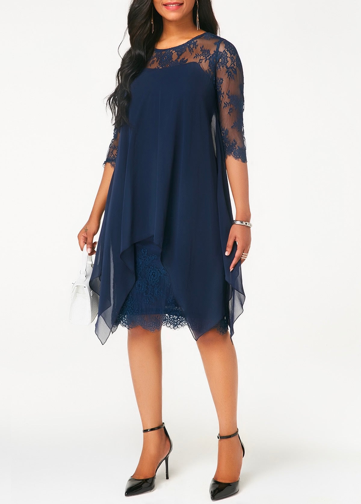 Three Quarter Sleeve Chiffon Overlay Navy Blue Lace Dress