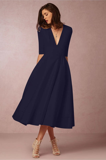 Elegant solid color v-neck midi dress