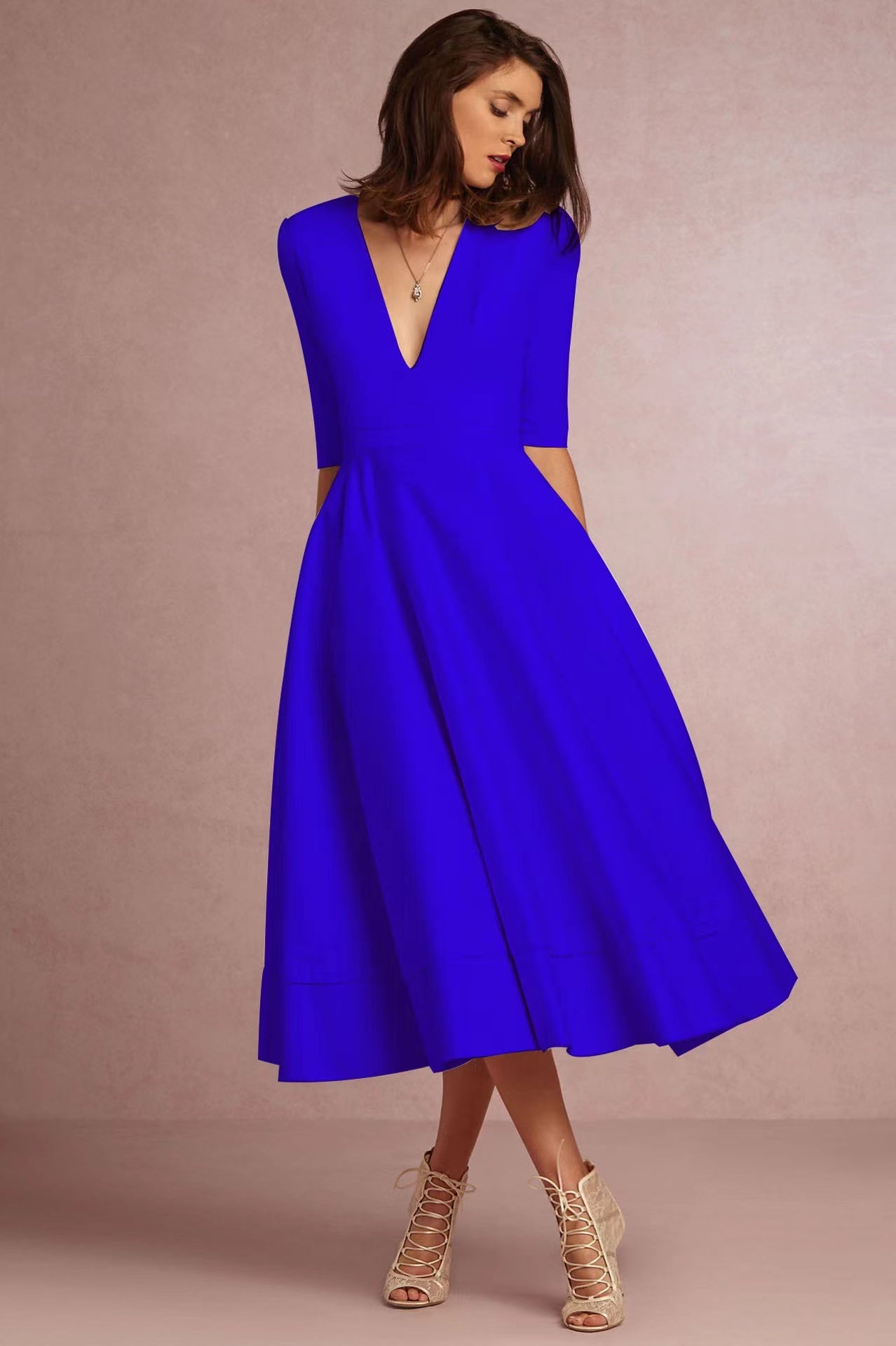 Elegant solid color v-neck midi dress